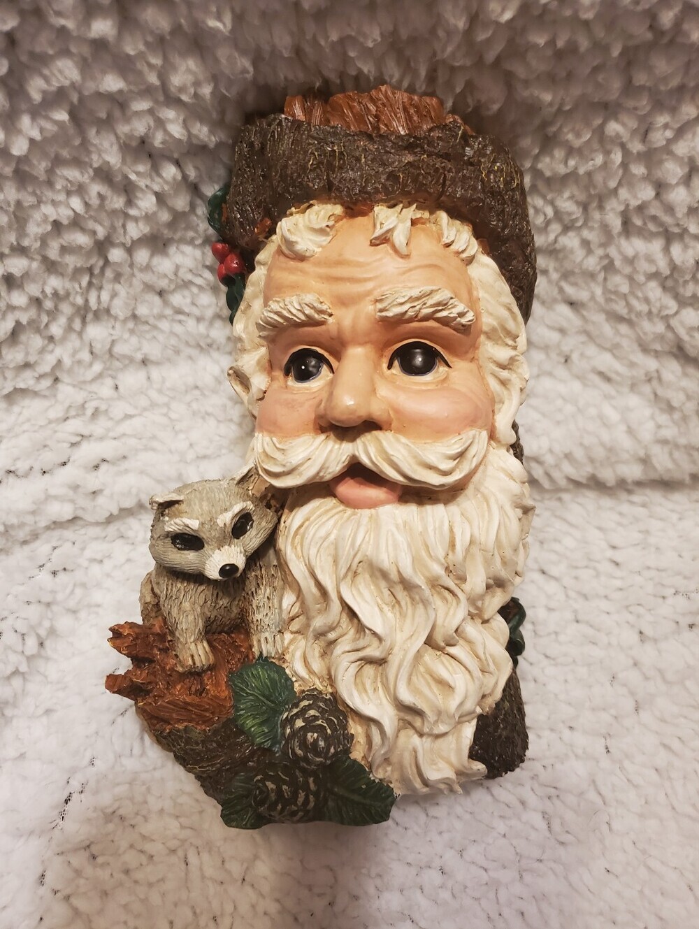 Vintage Woodland Santa Face Christmas Santa  Faux Carved Tree Stump Resin Decor